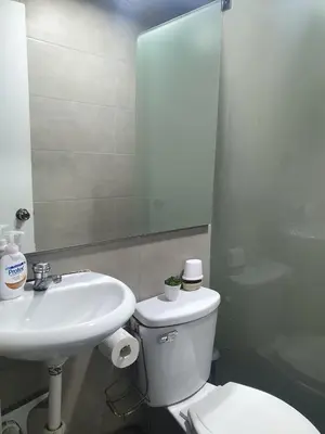 a bathroom with a sink and a toilet and a mirror at Beautiful private office in Miraflores in Lima