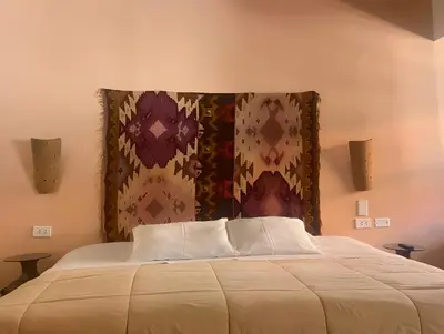 a bedroom with a large bed with a head board at ViaVia Ayacucho in Ayacucho