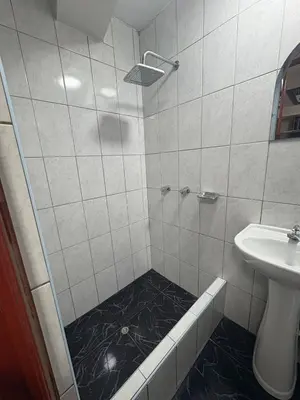 a bathroom with a shower with a black and white floor at Hospedaje Winikunka in Lima