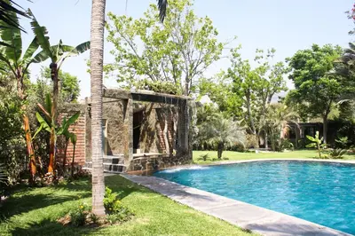 a swimming pool in a yard with a palm tree at Casa del Gringo in Cieneguilla