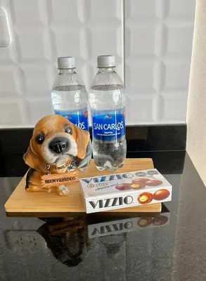 a dog sitting on a table with two bottles of water at MONTERRICO POLO APARTS #21 - Dpto 2 Dorm Frente Embajada de USA in Lima