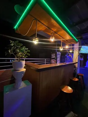 a green light on a bar with a potted plant at Restobar & Hotel Campestre Aisha in Cocachacra