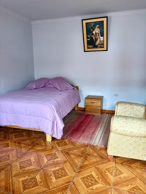 a bedroom with a bed and a chair at hostel arcoiris urubamba in Urubamba