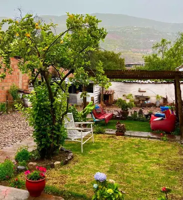 a garden with chairs and a tree and a table at hostel arcoiris urubamba in Urubamba