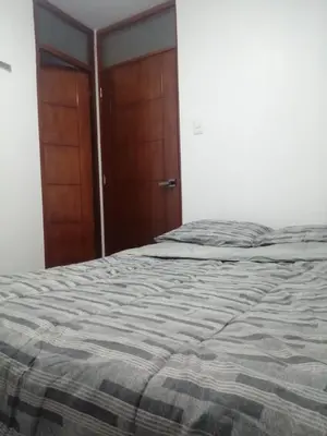 a bedroom with a bed and a wooden door at Alojamiento Miller in Ayacucho