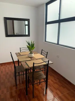 a dining room table with chairs and a plant on it at Minidepartamentos Amoblado III en Estreno in Ica