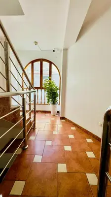 a hallway with a staircase and a potted plant at DEPARTAMENTO en el centro!! in Ayacucho