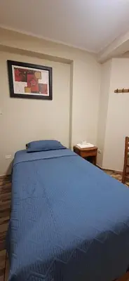 a bedroom with a blue bed and a picture on the wall at HsDverdi in Santa María