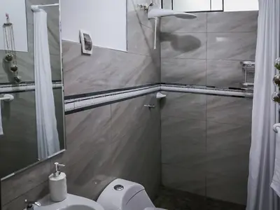 a bathroom with a toilet and a sink and a mirror at Amplio departamento completo cerca al aeropuerto in Lima