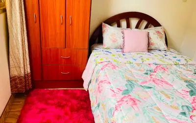 a bedroom with a bed and a wooden cabinet at Luminoso minidepartamento independiente cerca al Estadio Nacional in Lima