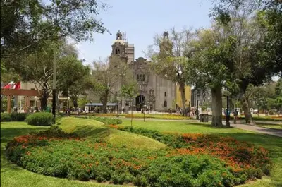 a park with a building in the background with flowers at DivarAparts#1 in Lima