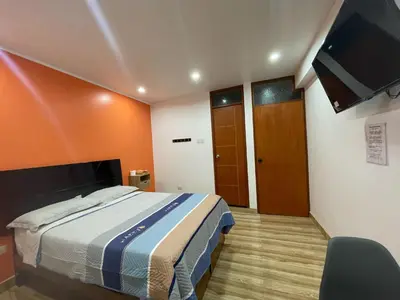 a bedroom with a bed and a flat screen tv at Hostal los Ficus in Ica