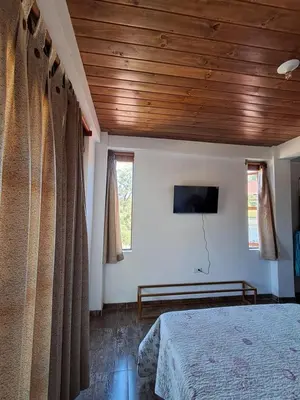 a bedroom with a bed and a wooden ceiling at Bellavista Hospedaje in Oxapampa