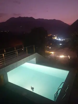 a person in a swimming pool at night at Nice country house with pool and beautiful view in Huarochirí