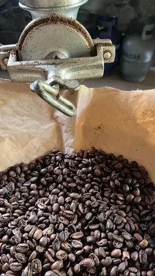 a pile of coffee beans next to a coffee grinder at ALPHINA CABINS Qhapaq Ñan in Sahuayacu