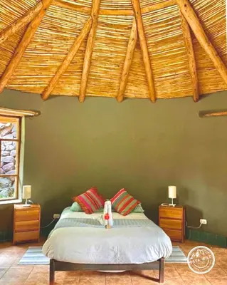 a bedroom with a bed with a green wall at Hanaq Pacha Wasi in Calca