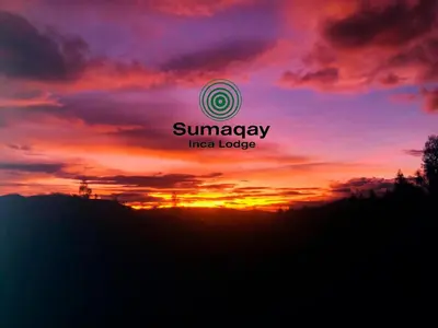 a sunset with the words sunrise tree lodge at Sumaqay Lodge -Naturaleza Arte y Arquitectura