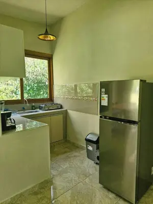 a kitchen with a stainless steel refrigerator and a window at Tornameza Casa de Campo in Torna Mesa