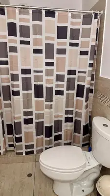 a bathroom with a toilet and a shower curtain at Apartment in front of the Ricardo Palma Clinic in Lima