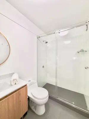 a bathroom with a toilet and a shower at Lima Central Apartment in Lima