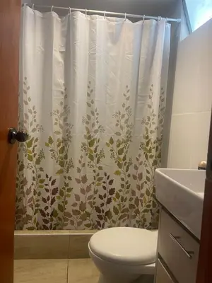 a bathroom with a toilet and a shower curtain at Quiet room in Lima