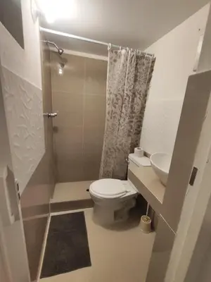 a bathroom with a toilet and a sink and a shower at Habitación independiente con terraza y cocina in Lima