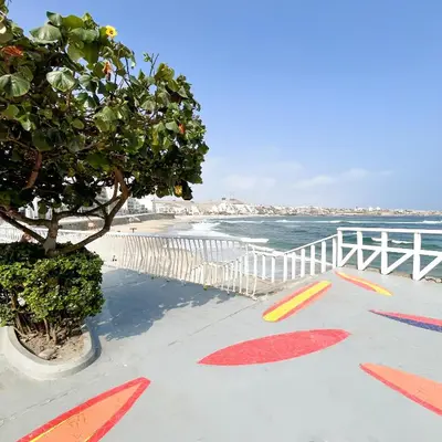 a beach with a tree and a white fence at Direct Beach Access Apt & Speedy WiFi in Punta Hermosa