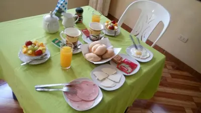 a green table with plates of food on it at Hostal Geminis in Ica