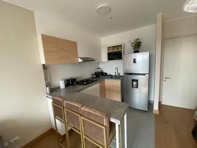 a kitchen with a refrigerator and a counter top at VIP Apartment TORRE TEMPO in Lima