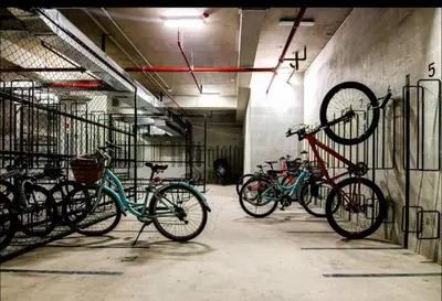 a group of bikes parked in a garage at Premium Miraflores Stay with Pool and Amenities in Lima