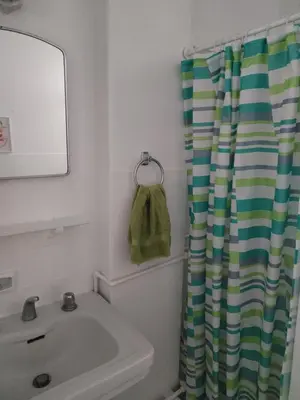 a bathroom with a sink and a shower curtain at Spacious apartment - San Isidro in Lima