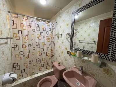 a bathroom with a pink toilet and a sink at Departamento privado en Lima in Lima
