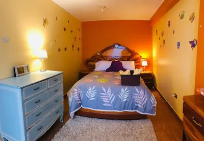 a small bedroom with a bed and a dresser at Casa Hilda in Huancayo