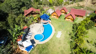 an aerial view of a water park with a water slide at Ecolodge Don Felix in Quillabamba