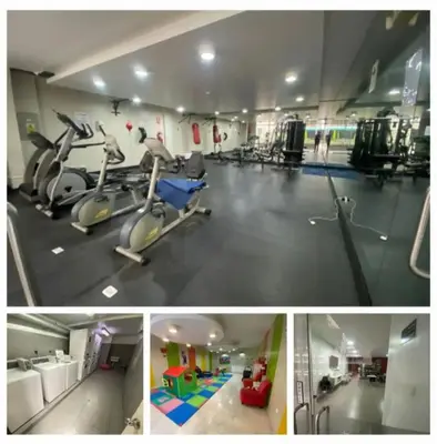 two pictures of a gym with a room with machines at Edificio City in Lima