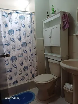 a bathroom with a toilet and a shower curtain at Cómodo departamento familiar in Lima