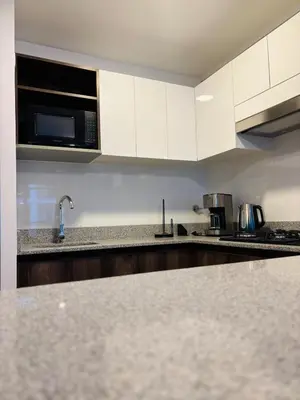 a kitchen with white cabinets and a counter top at Modern and centrally located with a rooftop in Lima