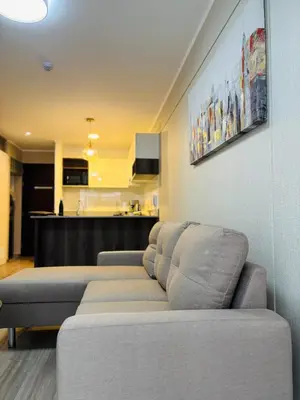 a living room with a couch and a kitchen at Modern and centrally located with a rooftop in Lima
