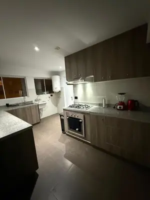 a kitchen with wooden cabinets and a stove top oven at The Palms at Miraflores in Lima