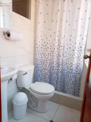 a bathroom with a toilet and a shower curtain at Hostal Cusco Inn in Cusco