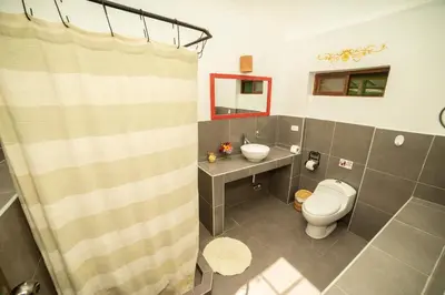 a bathroom with a shower curtain and a toilet at Andean Wings Valley in Urubamba