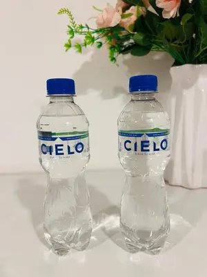 two bottles of water sitting next to a vase with flowers at Monterrico Polo Aparts #3 - Dpto con AC a una cuadra Embajada de USA in Lima