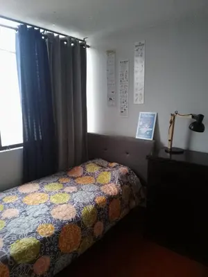 a bedroom with a bed and a window and a lamp at Cuchos in Lima