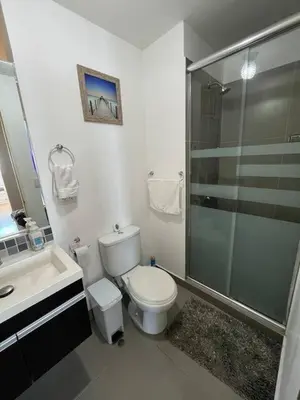 a bathroom with a toilet and a shower and a sink at Departamento con balcon y vista al mar in Lima