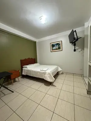 a bedroom with a bed and a tv on the wall at Libon's Hotel in Nazca