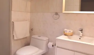 a bathroom with a white toilet and a sink at Miraflores Pacific Hotel in Lima