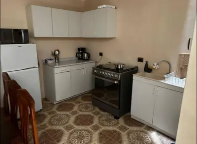 a small kitchen with a stove and a refrigerator at House in Barranco, Hot Tub & Rooftop Cinema, 11 P in Lima