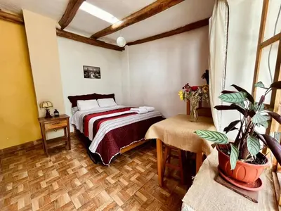 a bedroom with a bed and a table with a plant at La Huerta Refugio in Urubamba