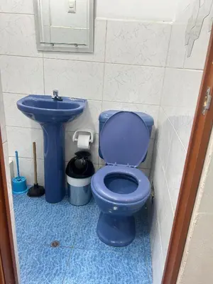 a bathroom with a blue toilet and a sink at Departamentos Sumaq Plaza II in Ayacucho
