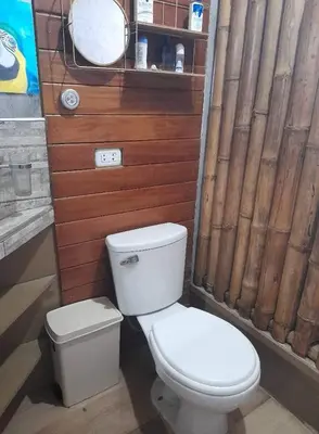 a bathroom with a white toilet and a mirror at Beach Rooms Chincha in Tambo de Mora